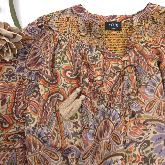 Fate Sheer Lined Women's Multicolor Paisley Button Down Top Sz L - Picture 10 of 13